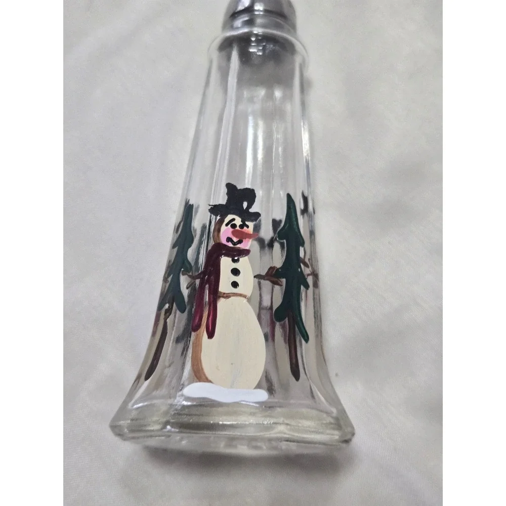 Vintage Hand Painted Snowman Glass Salt and Pepper Shakers Set Winter Christmas